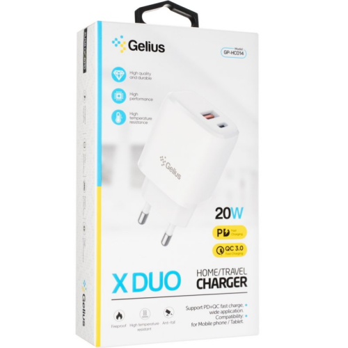 Сетевое зарядное устройство Gelius X-Duo GP-HC014 QC3.0/PD20W USB+Type-C White + кабель Type-C Gelius Full Silicon (18W) Black/White